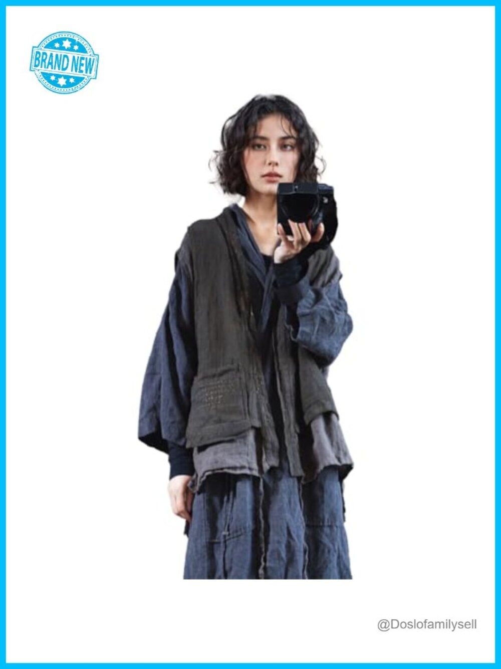 Linen Double-Layer Sleeveless Vest Open Front Kimono Cardigan Waistcoat with